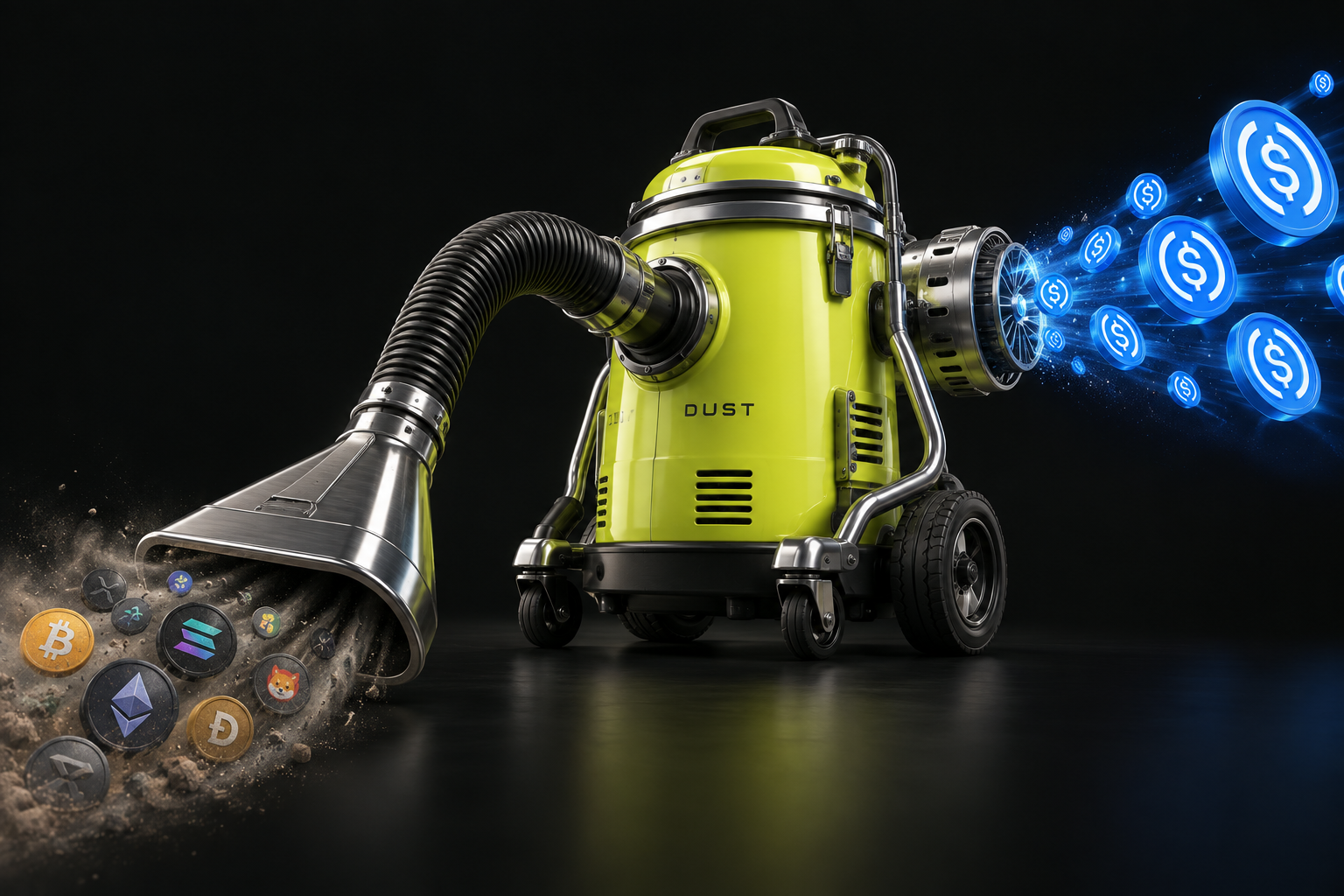 A lime green 3D Dust Machine vacuum sucking in small crypto tokens and sending blue USDC coins out the other side